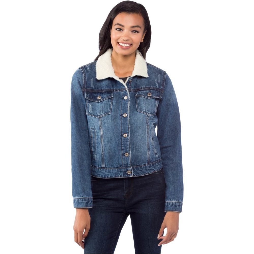 Kensie Jean Sherpa Jacket Distressed Medium Blue Wash Stretch Denim Size Large
